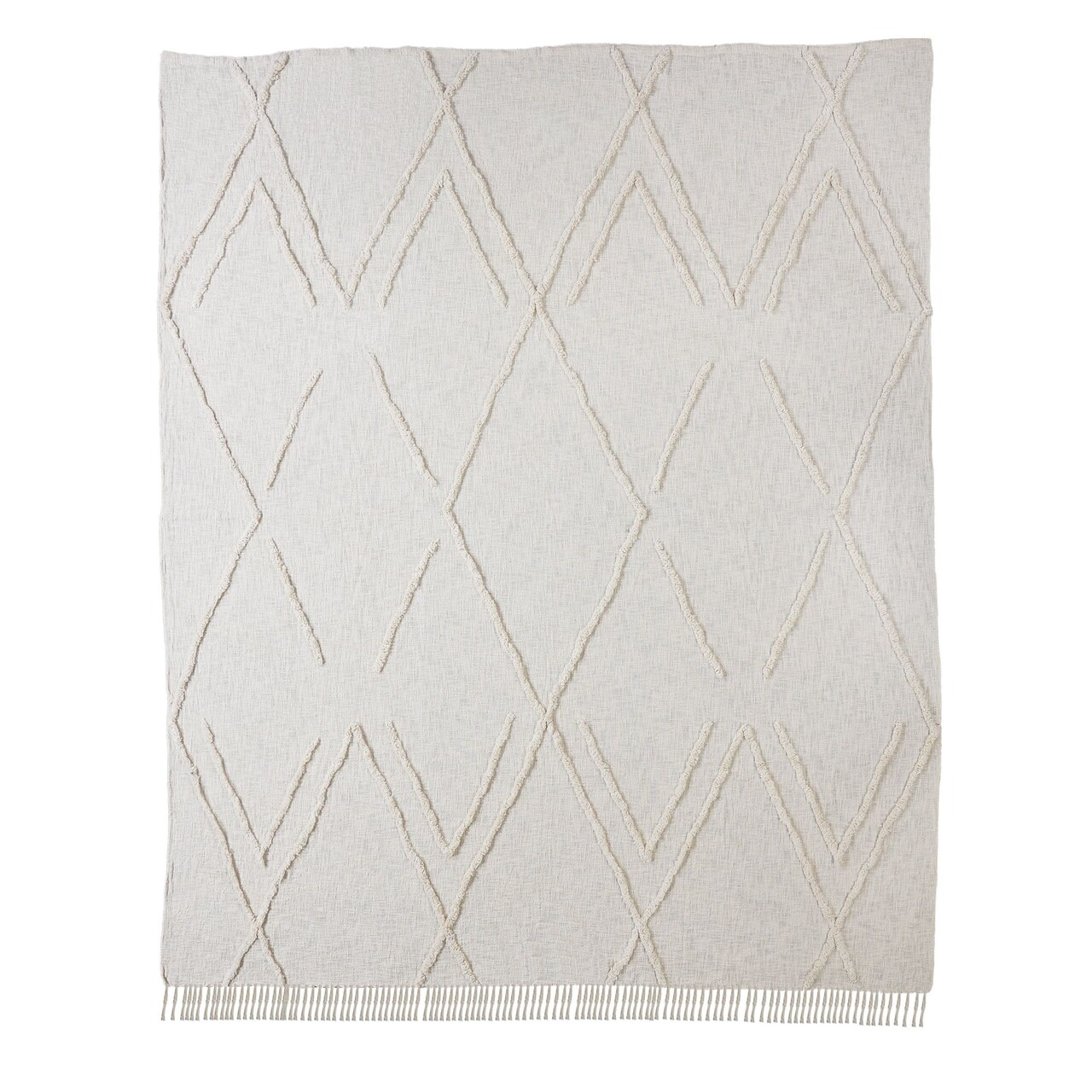 Laddha Home Designs 108" Cream Geometric Diamond Coverlet with Fringe - King Size